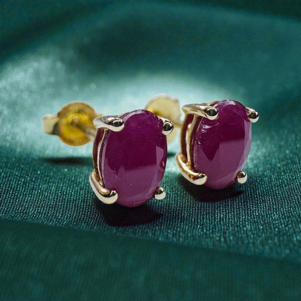 VINTAGE- 14K Gold Natural Ruby Earrings -1.25 Carat T.W. Oval Cut Burmese Rubies - Picture 12 of 16